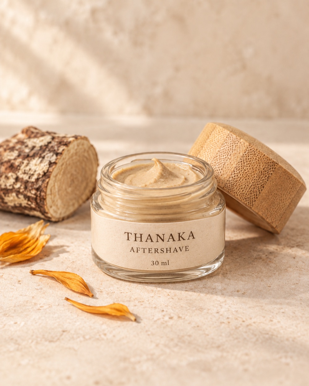 An open glass jar of Thanaka Aftershave with its bamboo lid beside it, the cream a soft tan, with a length of thanaka bark and dried calendula petals on pale stone.